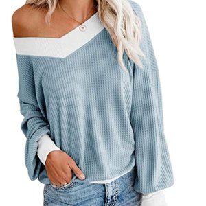 Women's V Neck Long Sleeve Waffle Knit Top Oversized Pullover Sweater